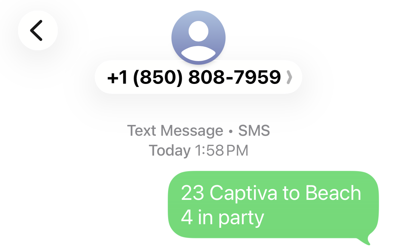 Example text message requesting a shuttle ride