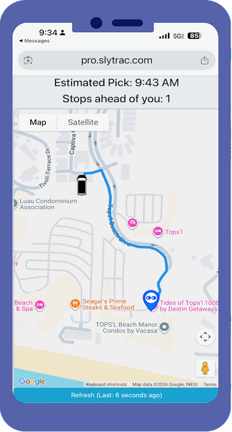 Example live shuttle tracking screen